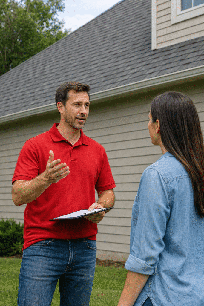 Roofer in a red shirt talking with a homeowner outside a house with a shingle roof