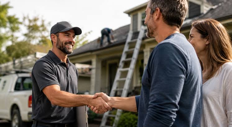 Roofer discussing a roofing project with a homeowner