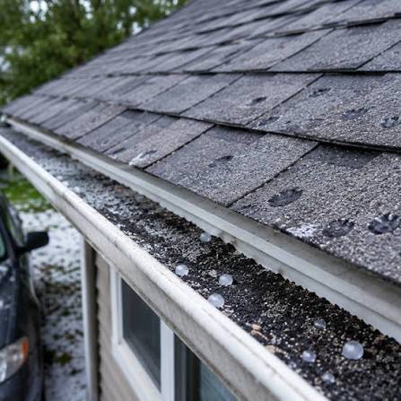 Hailstones collected in a gutter beneath asphalt roof shingles Hailstones collected in a gutter beneath asphalt roof shingles