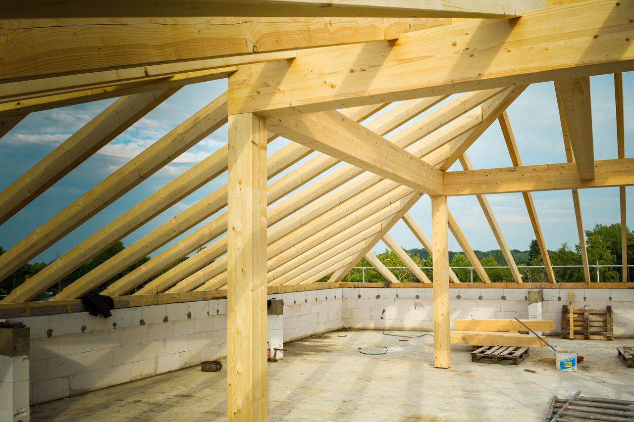New roof framing on a rebuilt roof structure