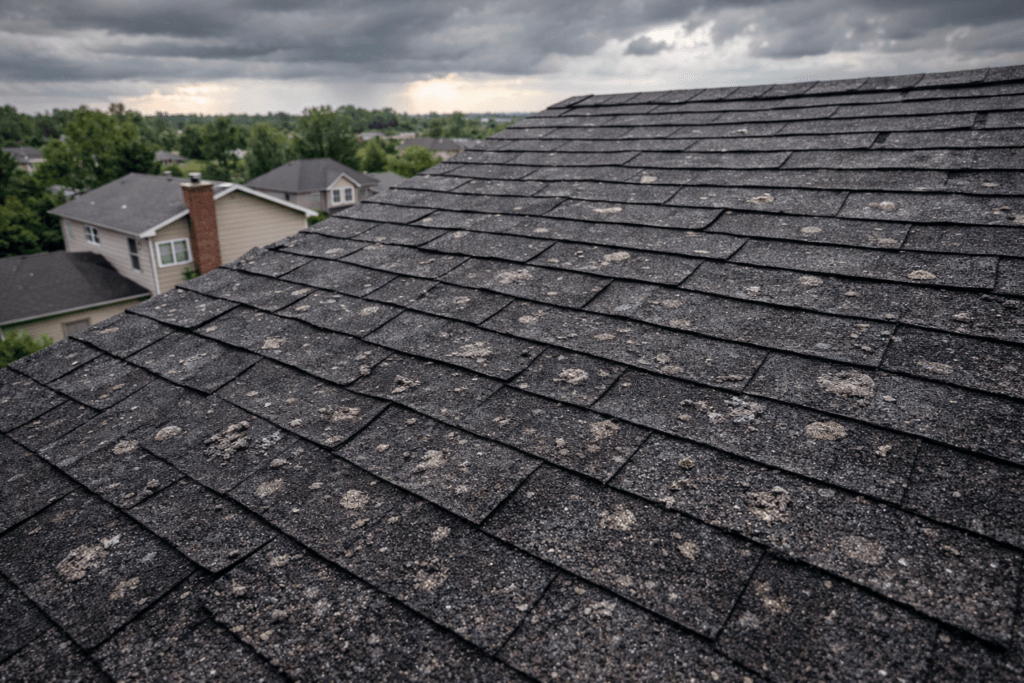 Dark asphalt shingles showing granule loss and spotting typical of hail damage