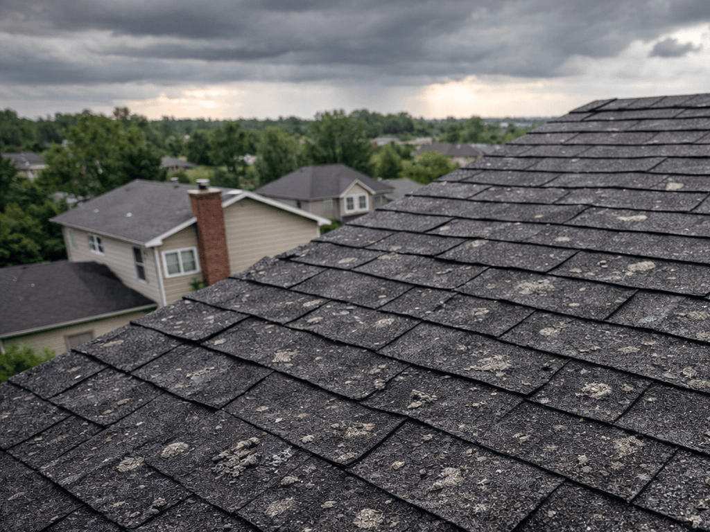 Dark asphalt shingles showing granule loss and spotting typical of hail damage