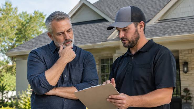 Roofer reviewing a clipboard with a homeowner in front of a house Roofer reviewing a clipboard with a homeowner in front of a house