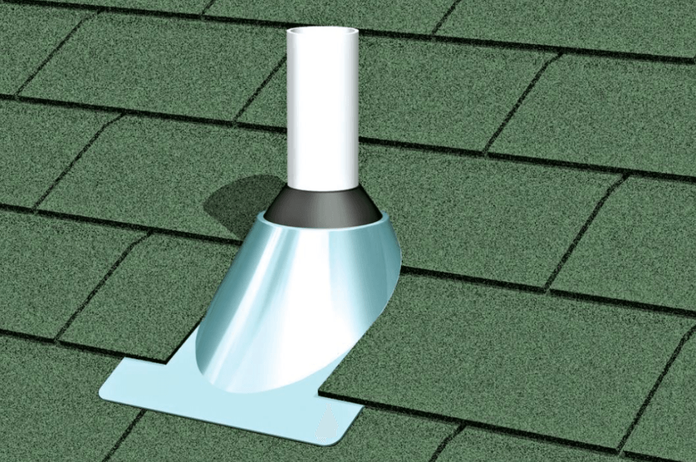 Illustration of a plumbing vent pipe with a flashing boot on green asphalt shingles Illustration of a plumbing vent pipe with a flashing boot on green asphalt shingles