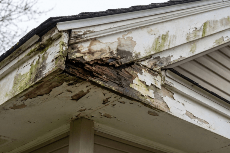 Rotted, peeling fascia and soffit at the corner of a roof edge Rotted, peeling fascia and soffit at the corner of a roof edge