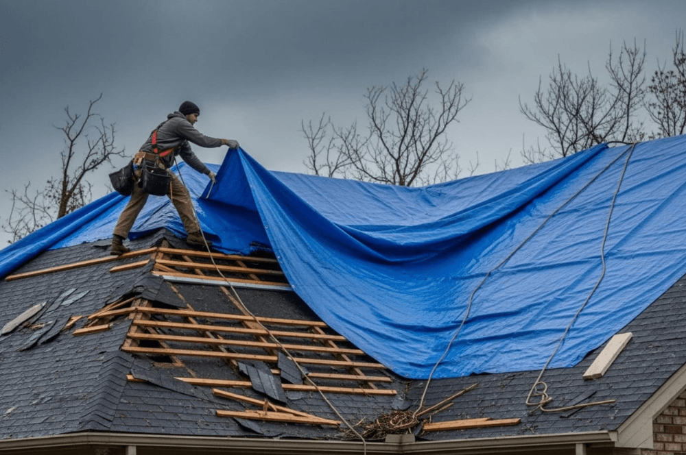 Roofer securing a blue tarp over a storm-damaged roof with exposed boards Roofer securing a blue tarp over a storm-damaged roof with exposed boards