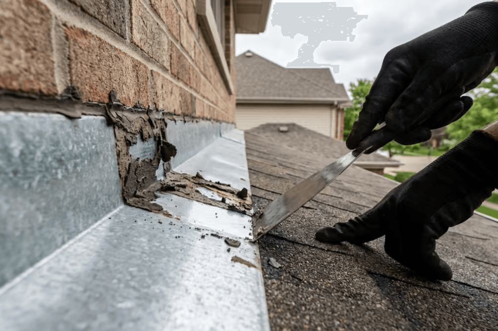 Gloved hands scraping old sealant from flashing where a roof meets a brick wall Gloved hands scraping old sealant from flashing where a roof meets a brick wall
