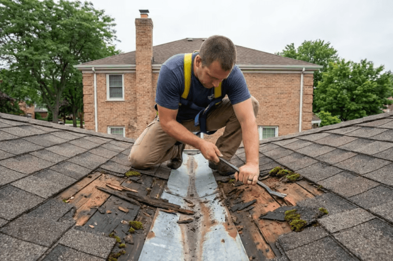 Roofer repairing a damaged metal valley on an asphalt shingle roof Roofer repairing a damaged metal valley on an asphalt shingle roof