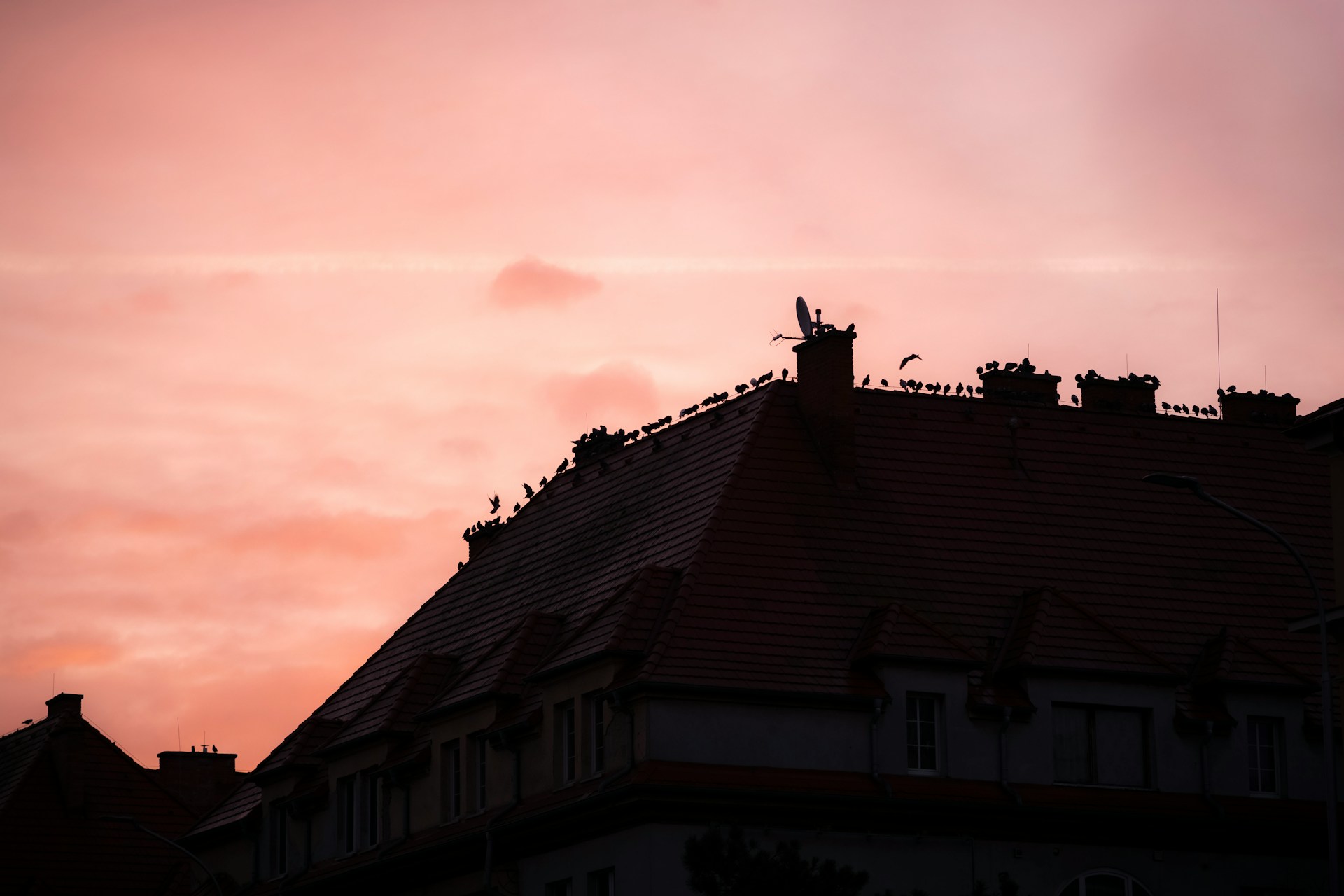 Silhouette of a house roofline and chimneys against a pink sunset sky