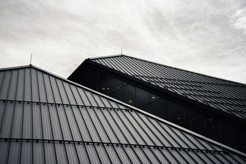 Dark standing seam metal roofs against a cloudy sky